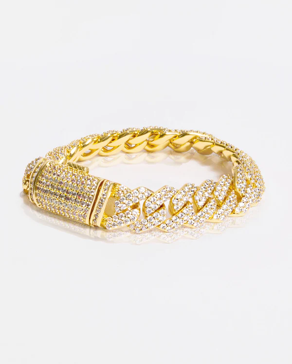 DIAMOND PRONG CUBAN BRACELET 14MM - Gold