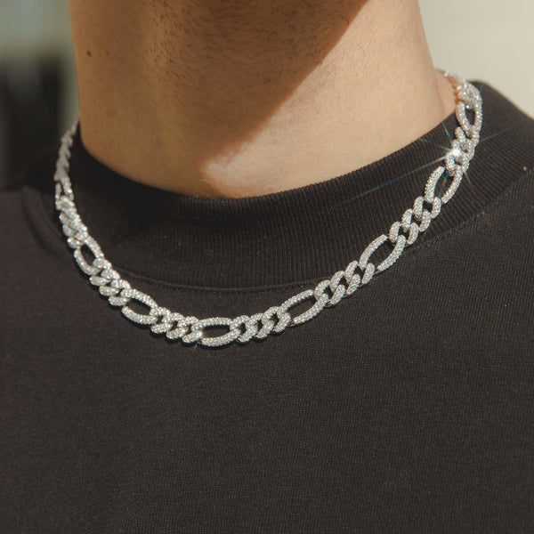 10mm Iced Figaro Chain  - White Gold