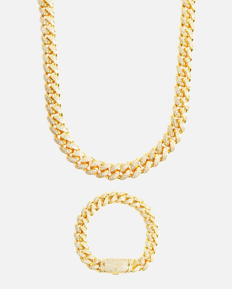 12mm Iced Cuban Chain + Bracelet Bundle - Gold