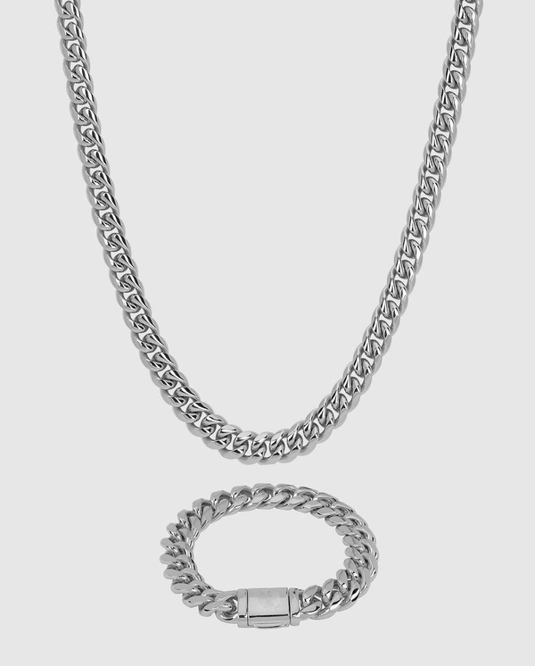 12mm Miami Cuban Chain + Bracelet Bundle - White Gold