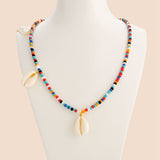 Colorful Beaded Shell Necklace with Handmade Braided Pearl Rice Beads - Gold