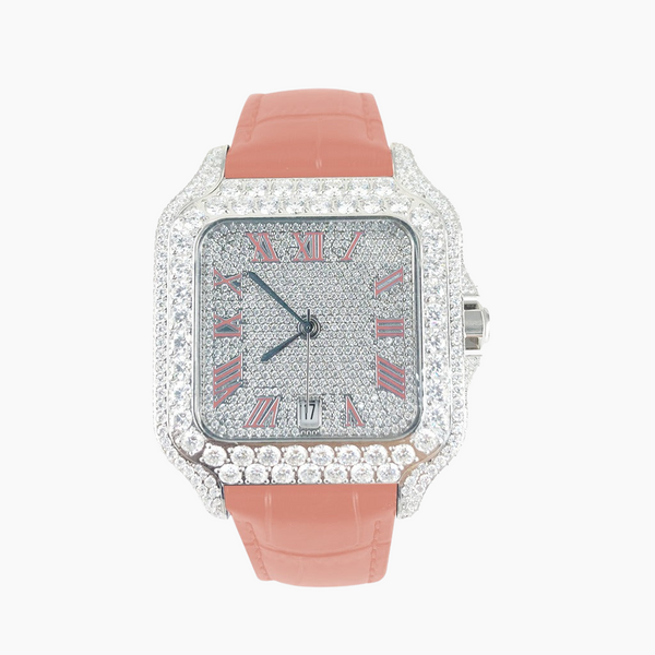 Moissanite 40mm Pink Leather Band Automatic Watch