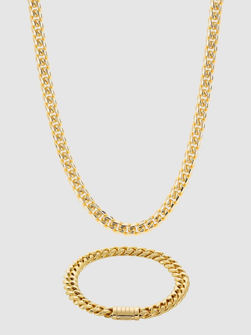 8mm Miami Cuban Chain + Bracelet Bundle - Gold