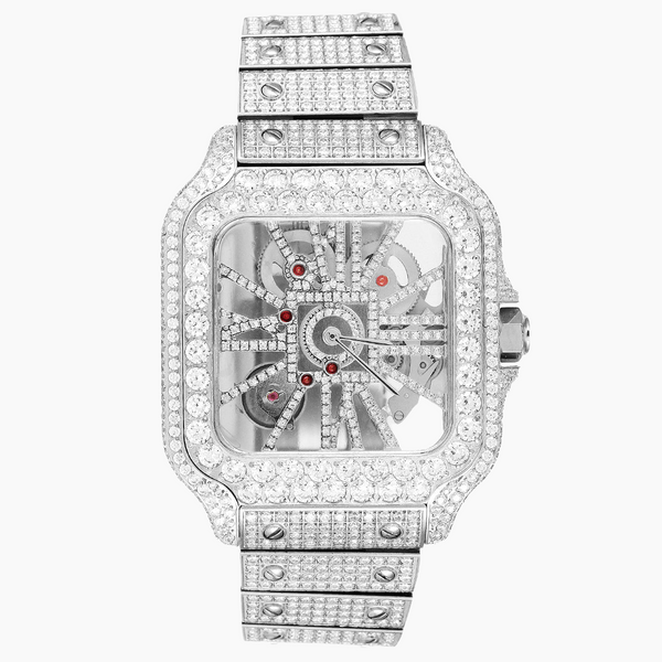 Moissanite Skeleton White Tone Dial Watch