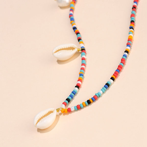 Colorful Beaded Shell Necklace with Handmade Braided Pearl Rice Beads - Gold