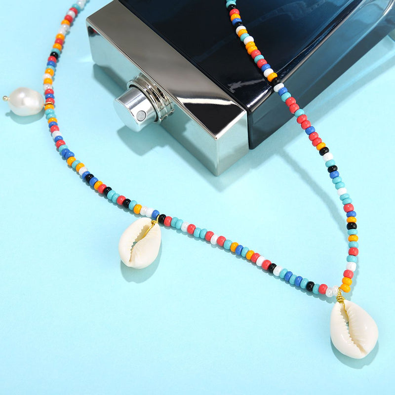 Colorful Beaded Shell Necklace with Handmade Braided Pearl Rice Beads - Gold