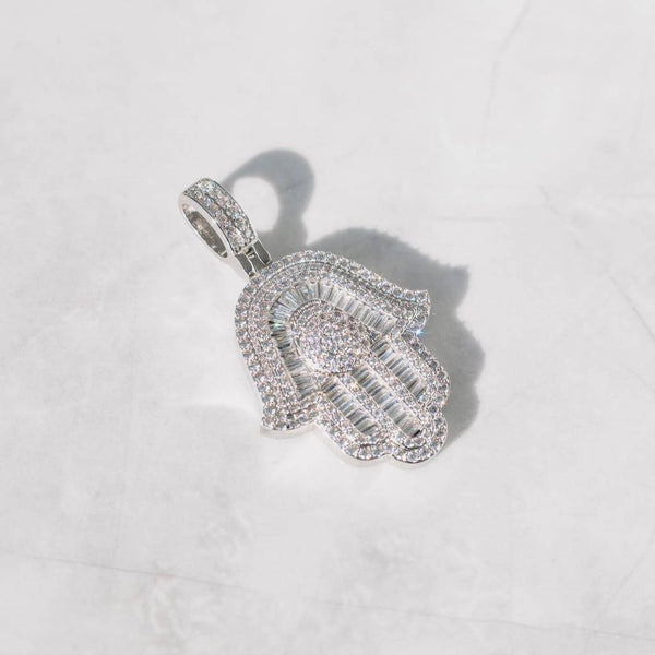 Baguette Hamsa Hand Pendant - White Gold