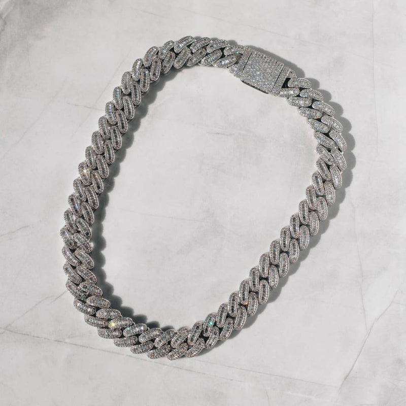 15mm Baguette Cuban Chain - White Gold