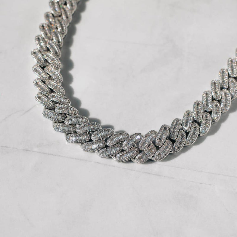 15mm Baguette Cuban Chain - White Gold