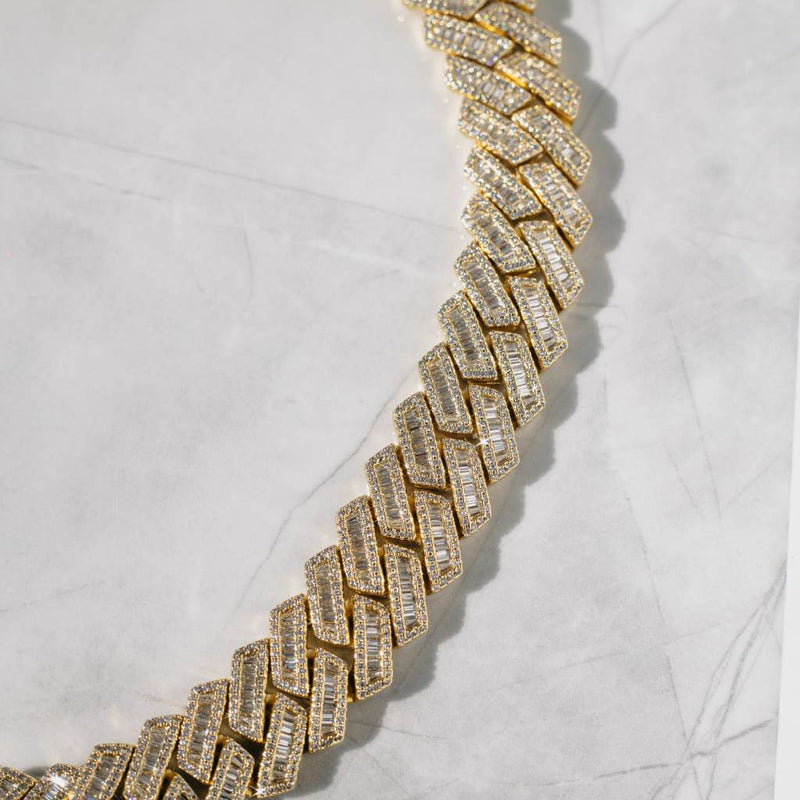 19mm Prong Baguette Cuban Chain - Gold