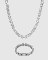 10mm Clustered Tennis Chain + Bracelet Bundle - White Gold