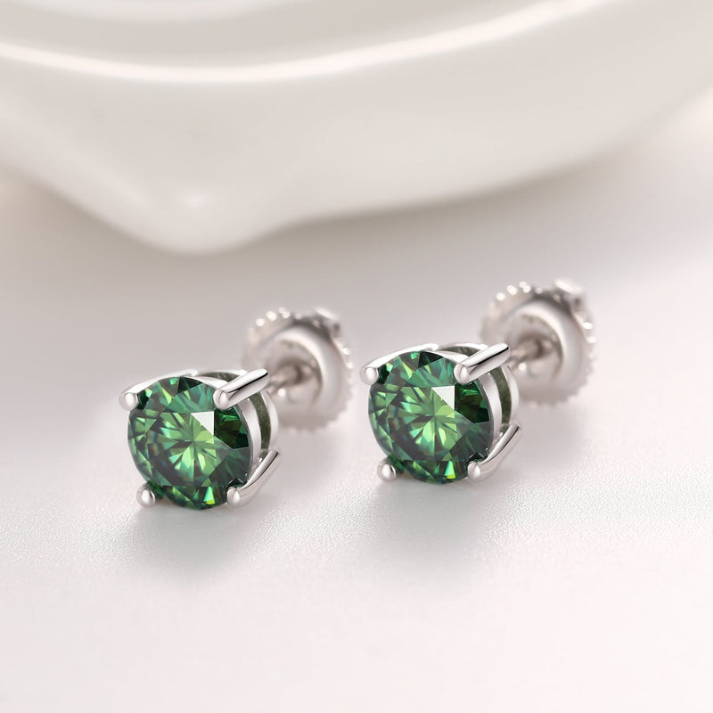 GREEN VVS ROUND 1CT EARRINGS   - White Gold Vermeil