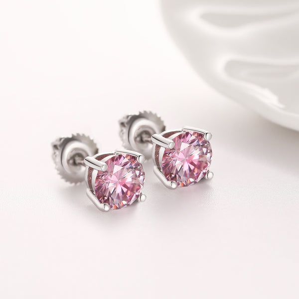 PINK VVS ROUND 1CT EARRINGS   - White Gold Vermeil