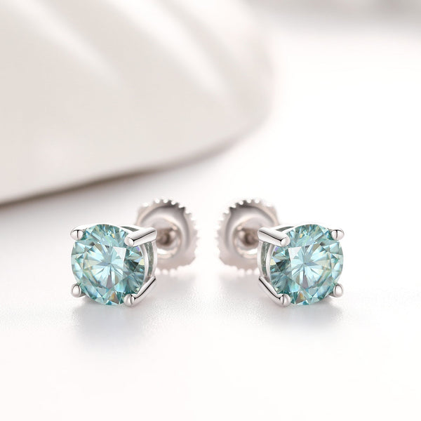 BLUE VVS ROUND 1CT EARRINGS   - White Gold Vermeil