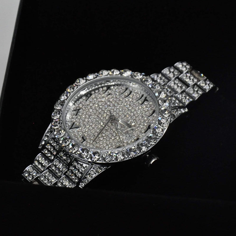 Arabic Dial Diamond Simulant Watch - White Gold