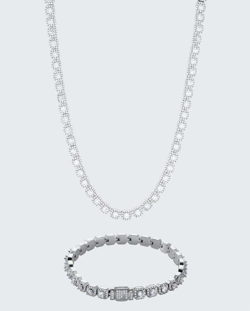 7mm Clustered Tennis Chain + Bracelet Bundle - White Gold