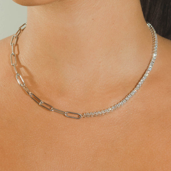 Half Tennis Half Hermes Necklace - White Gold